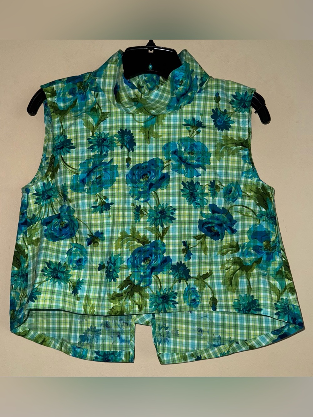 BURU Green Blue Floral Plaid Mock Neck Button Down Back Sleveeless Blouse Size S